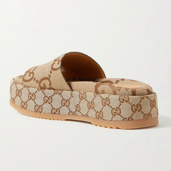 NWOB Gucci Angelina GG Logo Jacquard Coated Canvas Platform Slides Sandals - Picture 3 of 11